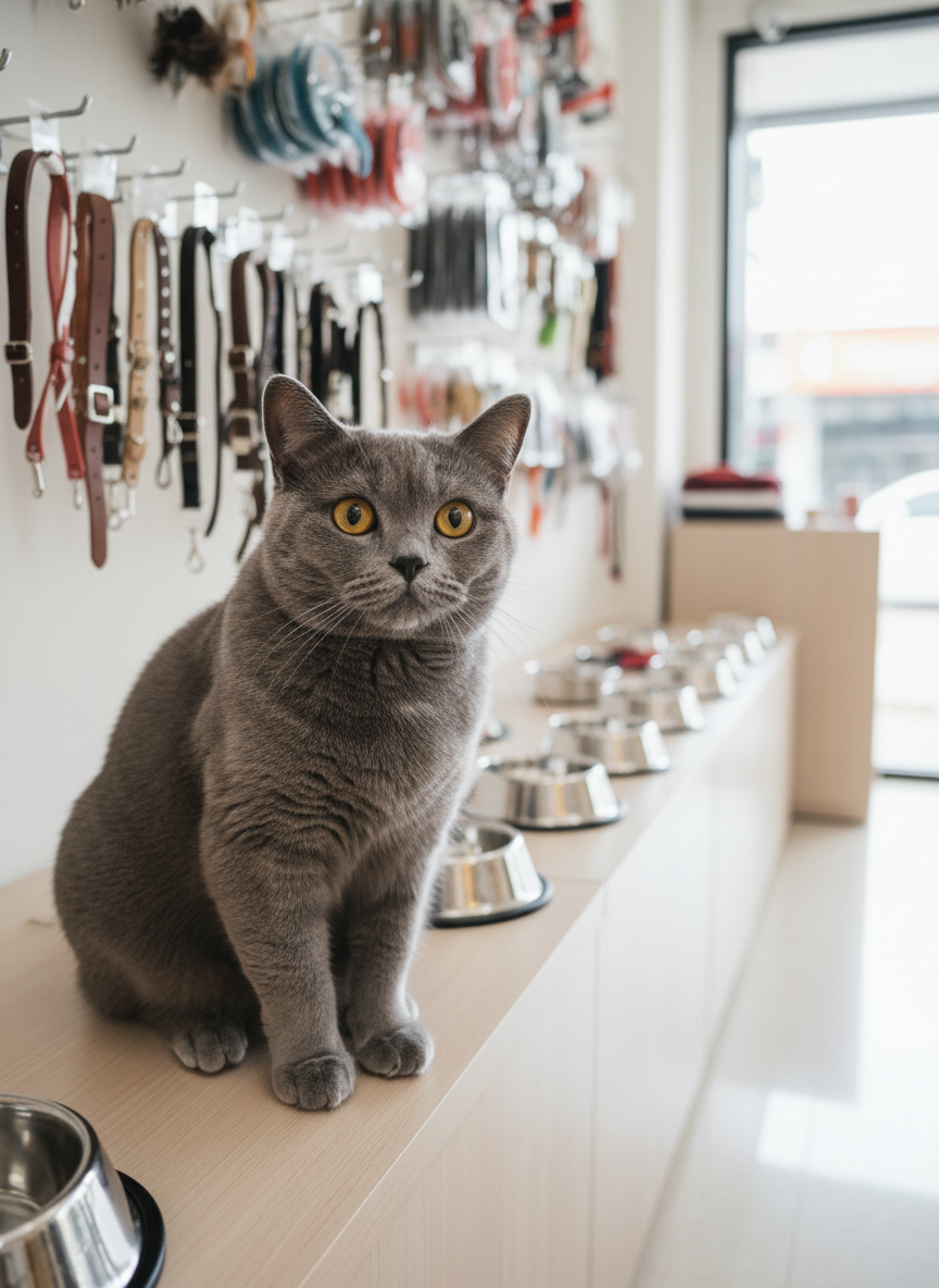 Seekhay bulu pendek British Shorthair warna biru keabu-abuan dengan mata kuning keemasan besar, duduk manis di atas rak kayu terang berisi aksesori kucing modern. Di belakangnya tampak deretan kalung, mainan bulu, dan mangkuk makan stainless yang tertata rapi di dalam pet shop bergaya minimalis di Bintaro. Cahaya siang lembut dari jendela besar memenuhi ruangan, memantul di lantai vinyl krem dan menciptakan highlight halus pada bulu kucing yang halus dan lebat. Difoto eye-level dengan depth of field dangkal sehingga latar sedikit blur, menonjolkan ekspresi penasaran kucing. Nuansa fotografi realistis, berwarna cerah dan playful, memberi kesan toko kucing ras yang bersih, ramah, dan profesional.