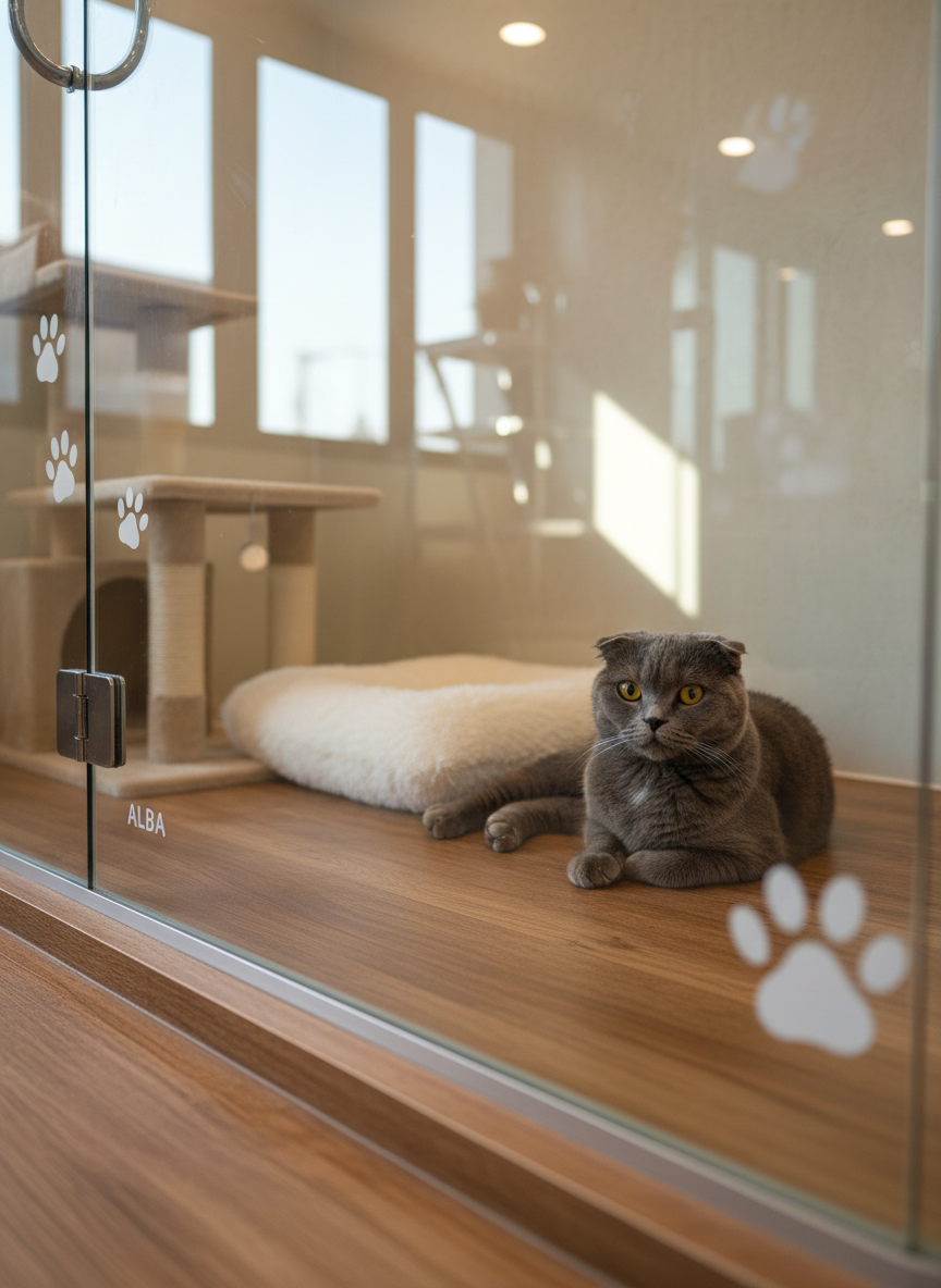 Seekor Scottish Fold dewasa bermata kuning tajam dengan bulu short hair abu kebiruan duduk santai di dalam kamar pet hotel kaca pribadi. Lantai dilapisi vinyl kayu hangat, dengan cat tree dua tingkat berwarna krem dan bantal bulu putih lembut di sudut. Di dinding kaca tampak stiker ilustrasi kaki kucing yang lucu dan label nama kamar. Cahaya alami sore yang lembut masuk dari jendela tinggi di luar frame, berpadu dengan lampu warm putih, menciptakan highlight hangat pada bulu dan bayangan lembut di lantai. Diambil dari sudut sedikit rendah melalui kaca, dengan pantulan samar rak makanan kucing di luar kamar. Gaya fotografi realistis, cozy dan modern, menampilkan kenyamanan pet hotel premium untuk kucing ras.