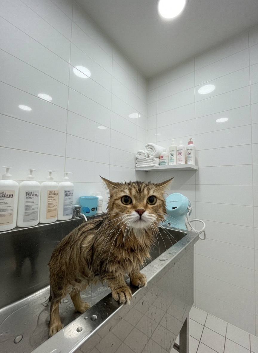 Seekor kucing Munchkin bertubuh mungil dengan bulu halus pola tabby cokelat dan kaki sangat pendek, sedang dimandikan di bak stainless kecil di ruang grooming profesional. Bulu tubuhnya sudah basah dan mengkilap, sementara wajahnya masih kering dengan ekspresi lucu sedikit terkejut. Sekelilingnya tampak rak berisi shampo kucing, handuk putih tebal, dan blower listrik berwarna biru pastel. Cahaya putih terang dari lampu LED plafon menyinari ruangan berkeramik putih bersih, menghasilkan nuansa higienis. Diambil dari sudut sedikit tinggi dengan fokus pada tekstur bulu basah dan tetesan air di tepian bak. Fotografi realistis, cerah dan playful, menggambarkan layanan grooming kucing yang rapi dan profesional tanpa menampilkan manusia.
