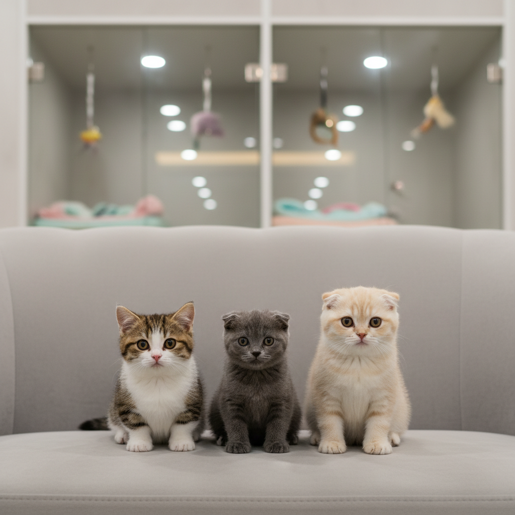 Sekelompok tiga kitten ras berbeda: satu Munchkin cokelat-putih berkaki pendek, satu Scottish Fold biru keabu dengan telinga menekuk, dan satu British Shorthair cream, duduk berjajar di atas sofa beludru abu muda di ruang tunggu pet hotel bergaya modern. Di belakang mereka tampak kandang-kandang kaca bersih dengan selimut warna pastel dan mainan gantung. Pencahayaan warm putih dari lampu plafon tersebar lembut, menciptakan bayangan halus dan pantulan lembut di kaca. Komposisi simetris eye-level dengan fokus tajam pada wajah bulat dan mata besar mereka, background sedikit bokeh. Suasana hangat, aman, dan menggemaskan dengan gaya fotografi realistis yang penuh warna, menonjolkan kenyamanan pet hotel khusus kucing ras di Jakarta Selatan.